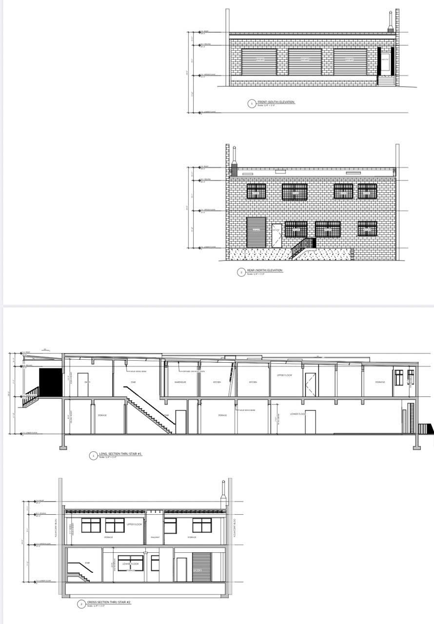 As-built drawing sample showing building elevations and sections