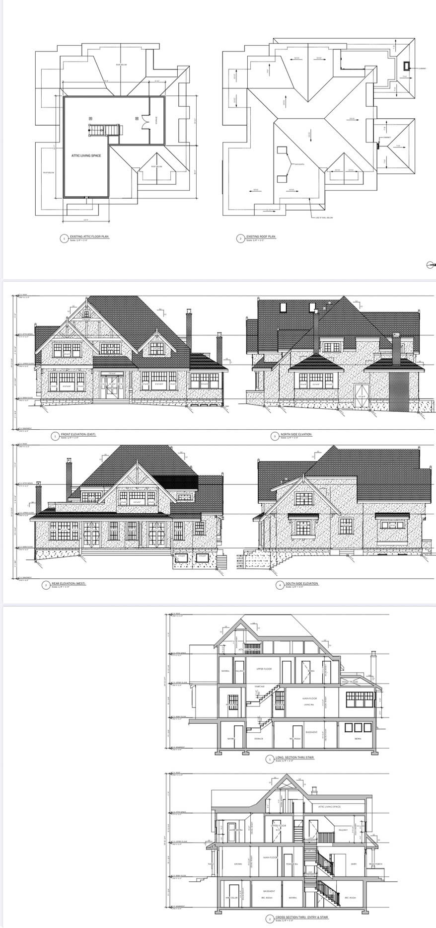 As-built drawing sample showing roof plans, elevations, and building sections
