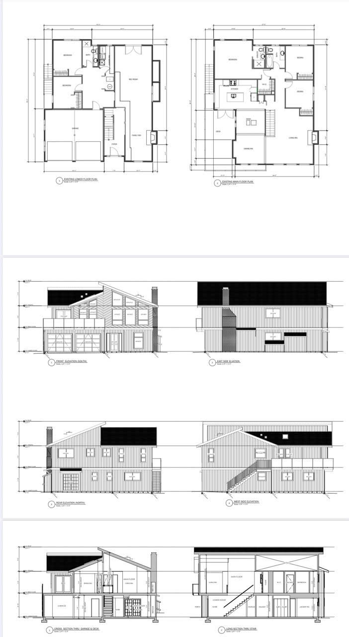 As-built drawing sample showing floor plans, elevations, and building sections